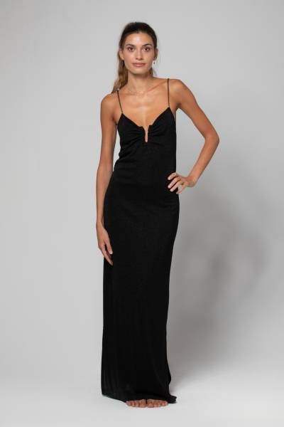 Robe longue fluide noire pailletée à bretelles dorées dos nu décolleté en V avec détail en U Ava lurex Black