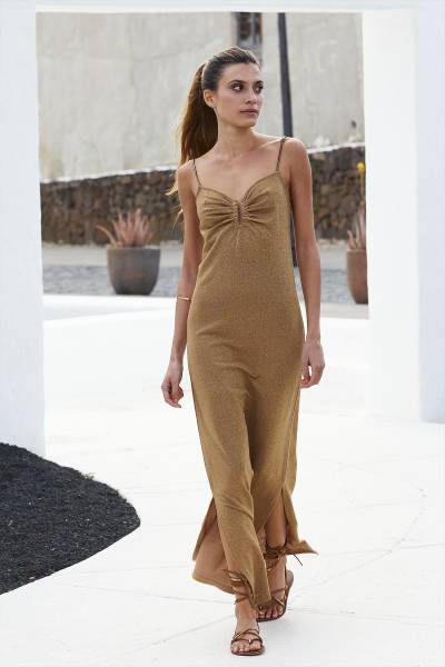 Robe longue de plage femme marque française en lurex doré légère et bohème chic Ava Gold Lurex