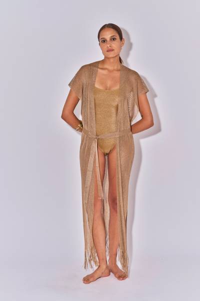 Gillet long de plage bohème et chic ajouré lurex doré lima