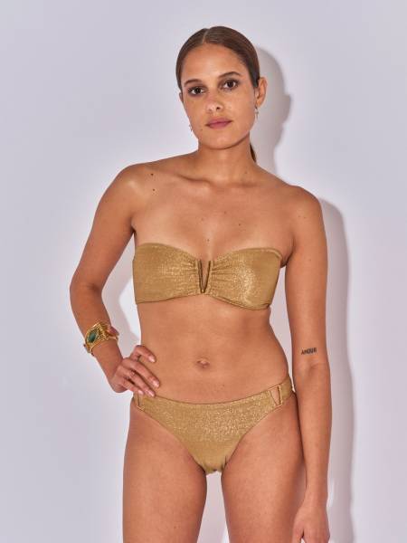 maillot de bain femme pailleté 2 pièces bandeau avec bijou en v et coques amovibles Shiraz en lurex doré