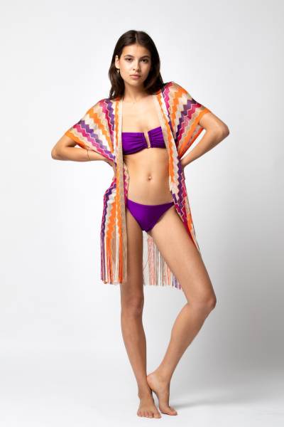 Gilet court LimMu en maille multicolore avec franges Purple Orange