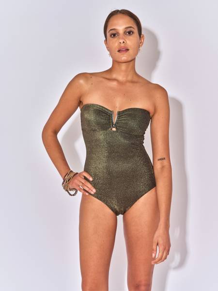 Maillot de bain femme 1 pièce bustier bandeau lurex noir avec coques amovibles et bijou en V doré