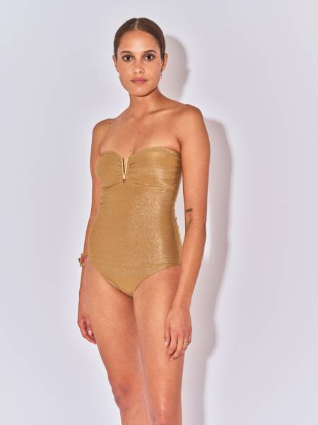 Maillot de bain femme 1 pièce bustier doré lurex Charlie avec armatures et décolleté avec bijoux doré en V