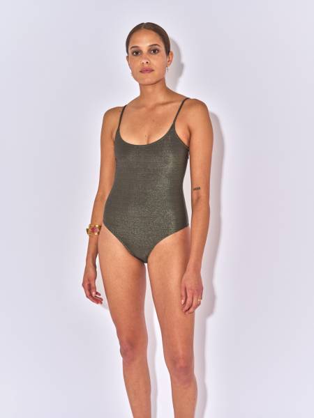 Maillot de bain femme 1 pièce noir lurex Deva dos nu avec tulle et décolleté en U