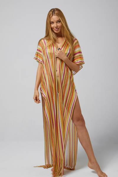 Long gilet de plage femme rayé multicolore en lurex doré chic et tendance en maille Lima jaune à Aix en Provence, Rue Thiers