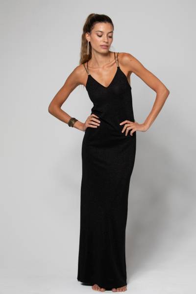 Robe longue dorée pailletée avec bretelles dorées décolleté en V dos nu Kalia Lurex Black