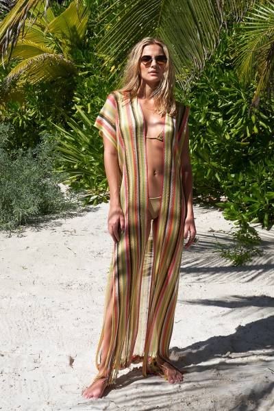 Long gilet de plage femme Lima rayé multicolore vert lurex doré avec ceinture et franges bohème