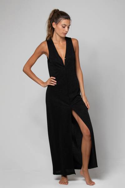 Gilet long en maille lurex noir pailleté avec boutons sur le devant, décolleté en V et fente à l'avant Maya Lurex Black