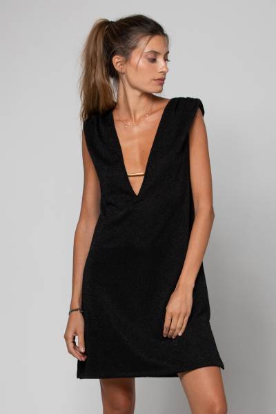 Robe courte noir pailleté avec décolleté plongeant en V, lanières dorées et fentes sur les cotés Noa Lurex Black