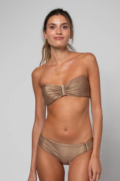 Maillot de bain femme 2 pièces bandeau doré lurex sexy avec bretelles et coques amovibles et détail de bijou Sofiane Lurex Gold