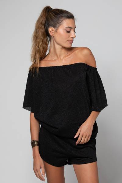 Ensemble doré col bardot et short élastique à la taille en lurex Thais Lurex Black