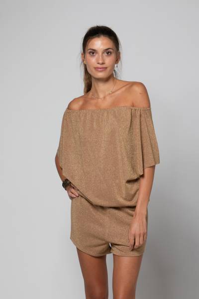 Ensemble doré col bardot et short élastique à la taille en lurex Thais Lurex gold