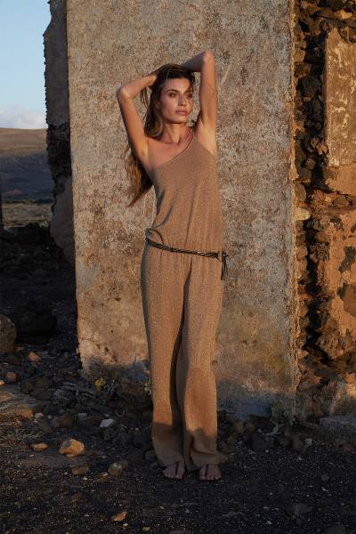 Combinaison lurex pantalon dorée à bretelle asymétrique Avalone Lurex Gold