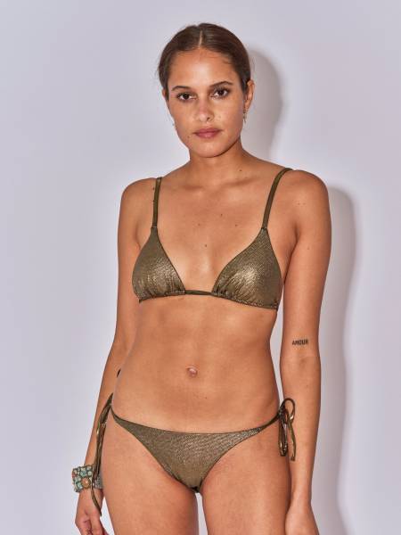 Maillot de bain deux pièces triangle doré texturé python avec mousse amovibles et culotte à nouer